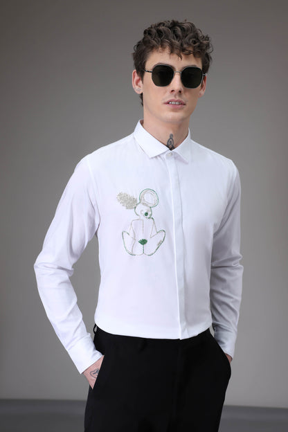 Yogi White hand embroidered designer shirt - White