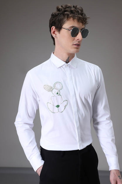 Yogi White hand embroidered designer shirt - White