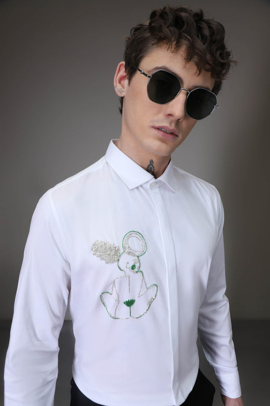 Yogi White hand embroidered designer shirt - White