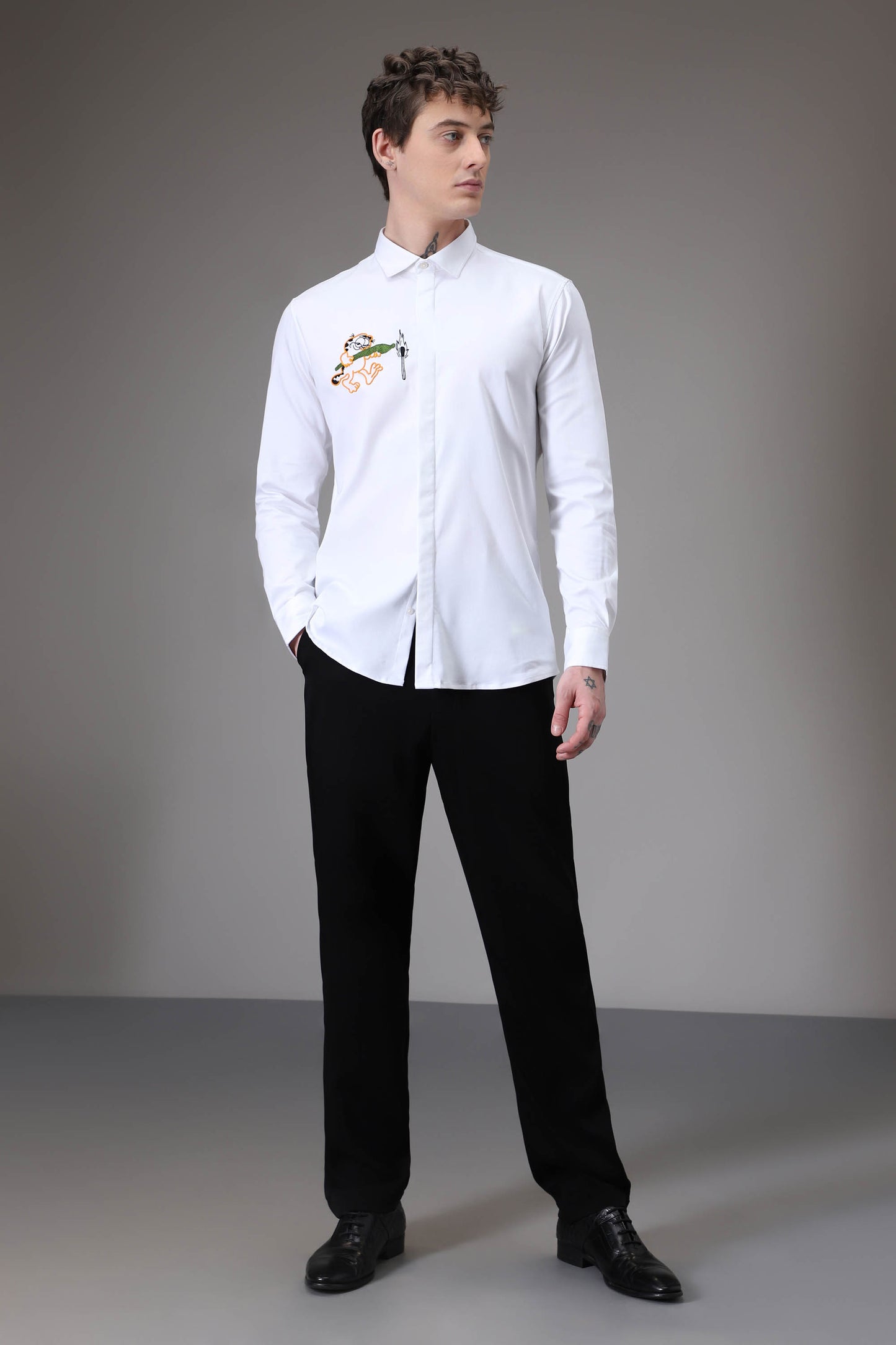 Garfiled hand embroidered designer shirt - White