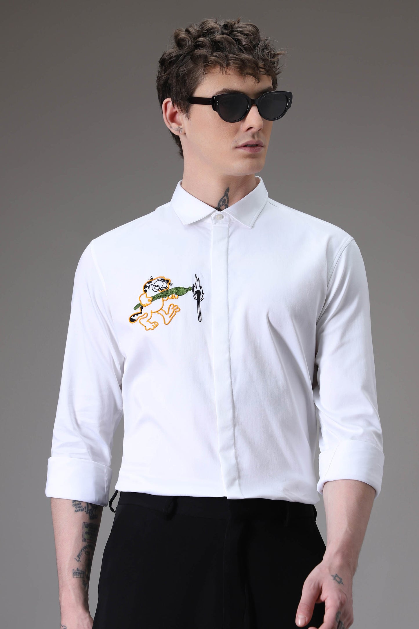 Garfiled hand embroidered designer shirt - White