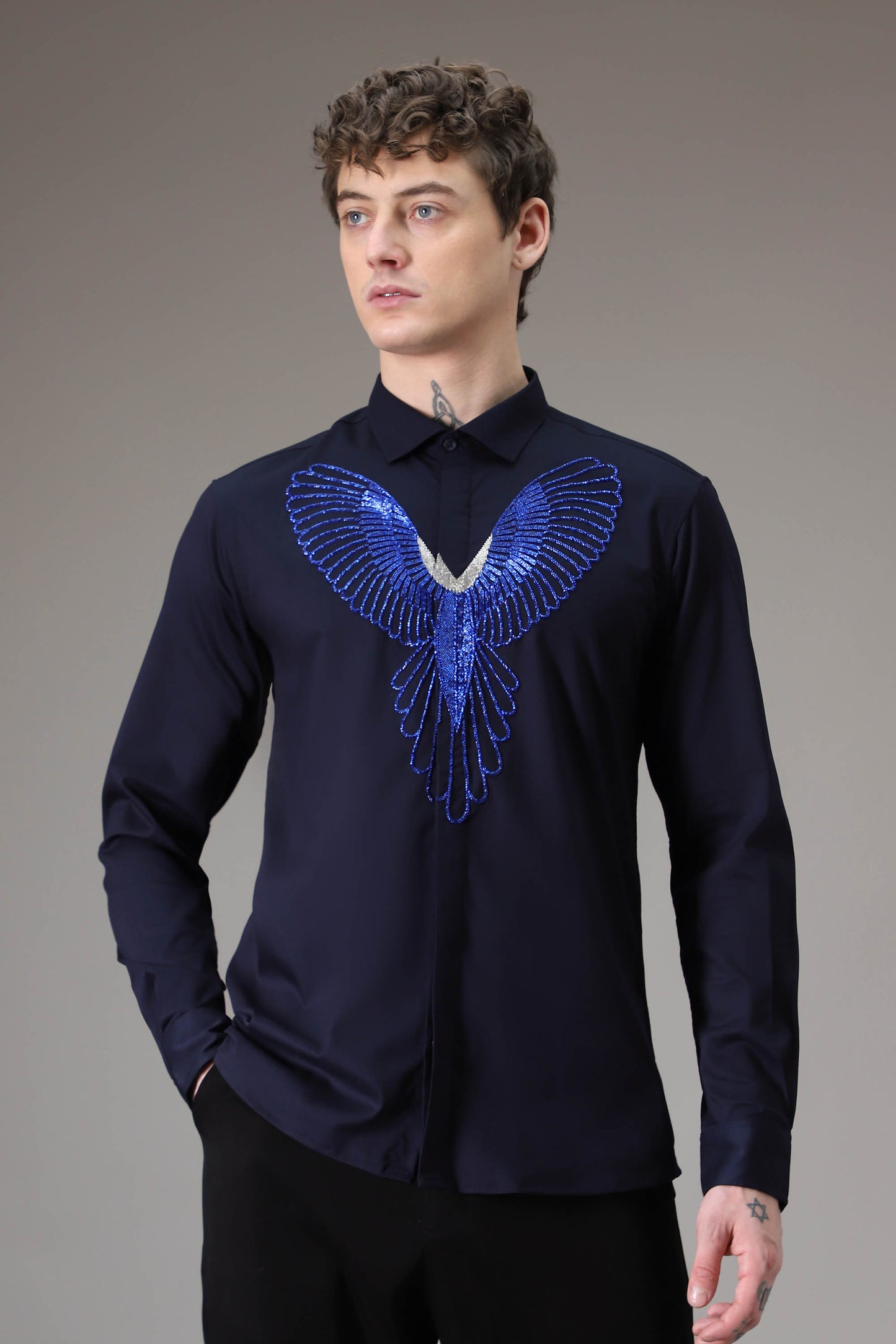 Parrot hand embroidered designer shirt - Navy