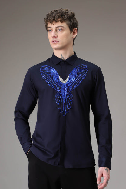 Parrot hand embroidered designer shirt - Navy