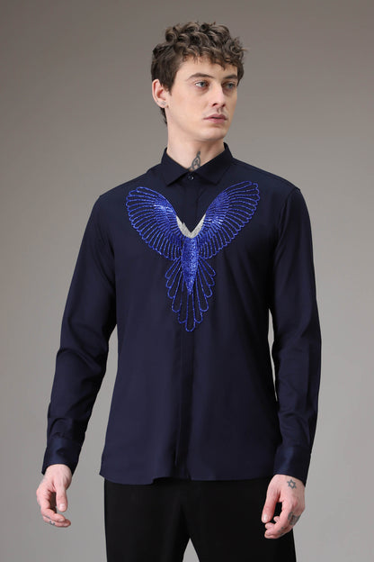 Parrot hand embroidered designer shirt - Navy