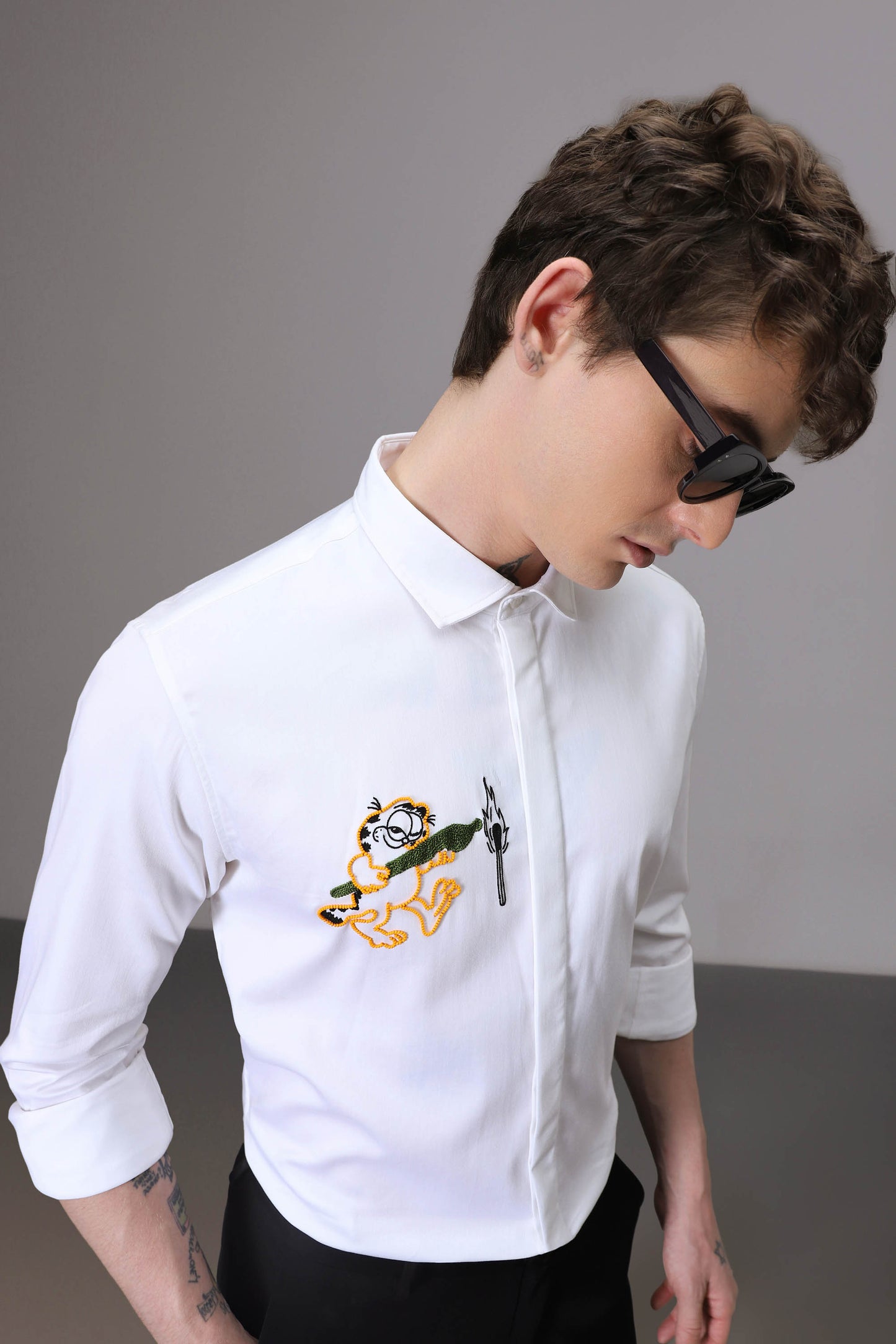 Garfiled hand embroidered designer shirt - White