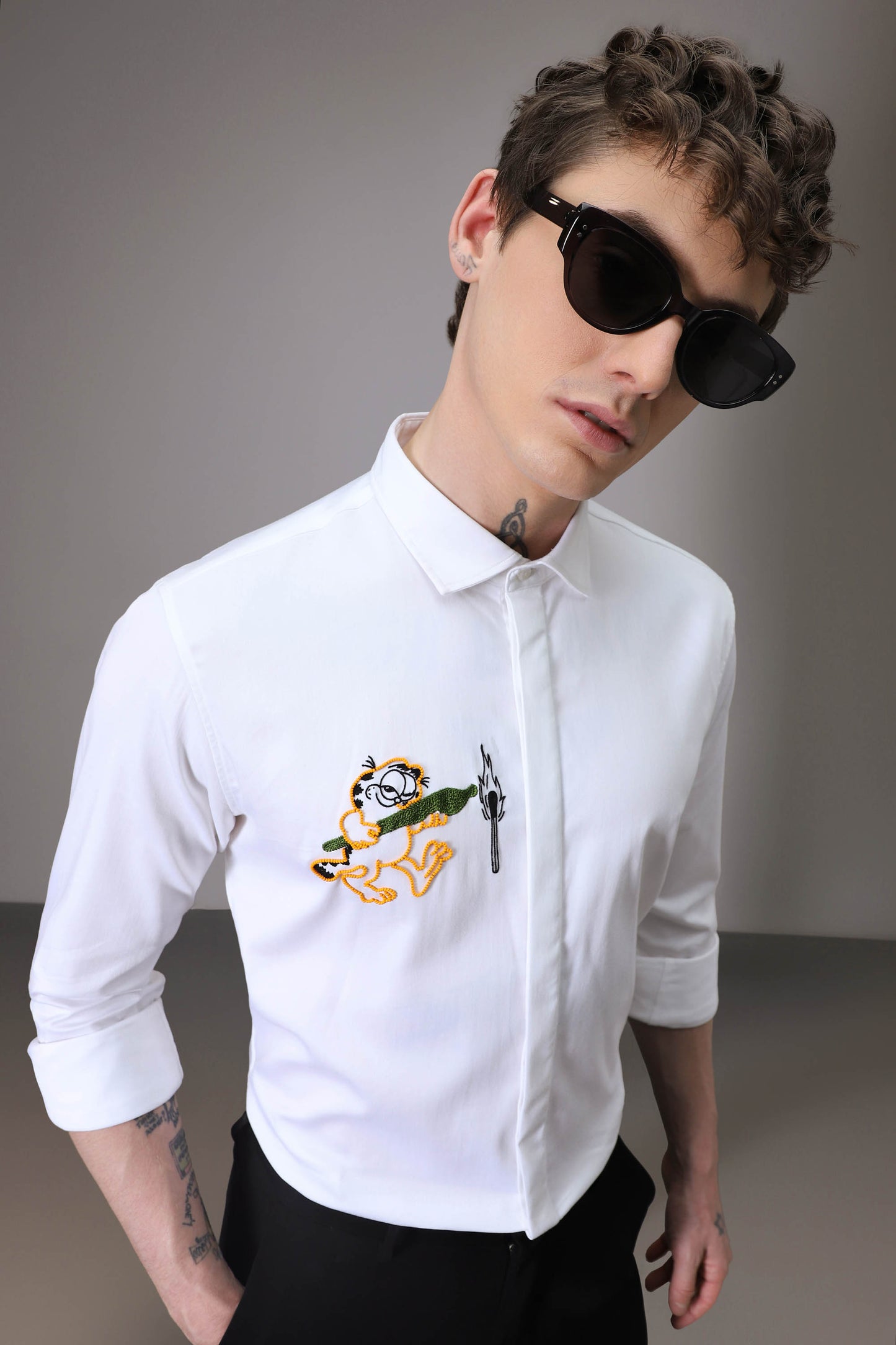 Garfiled hand embroidered designer shirt - White