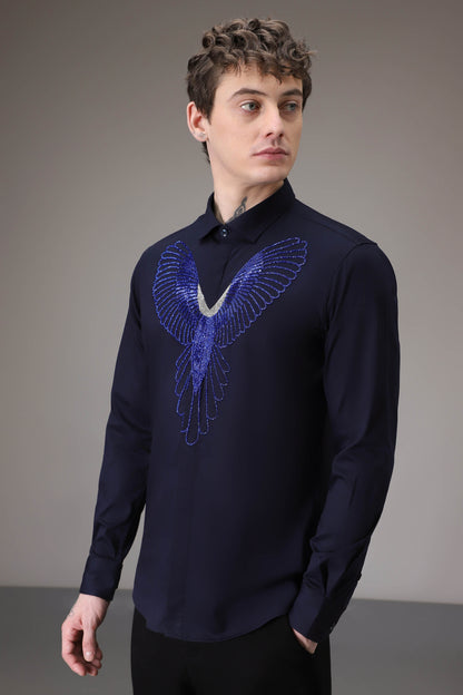 Parrot hand embroidered designer shirt - Navy