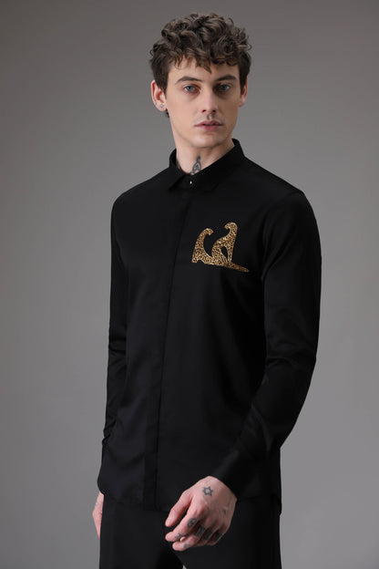 Abstract Panther Side Black hand embroidered designer shirt - Black