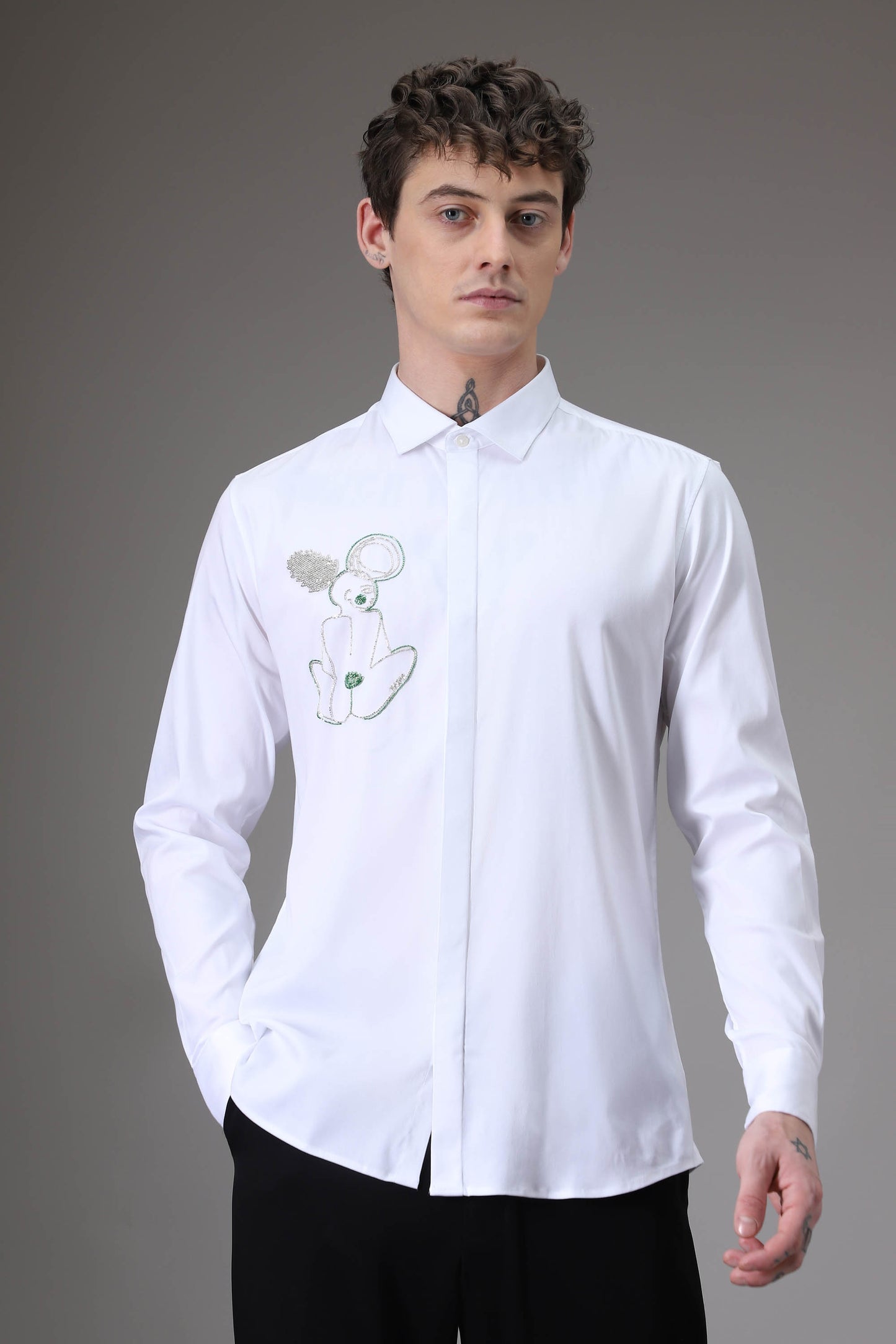 Yogi White hand embroidered designer shirt - White