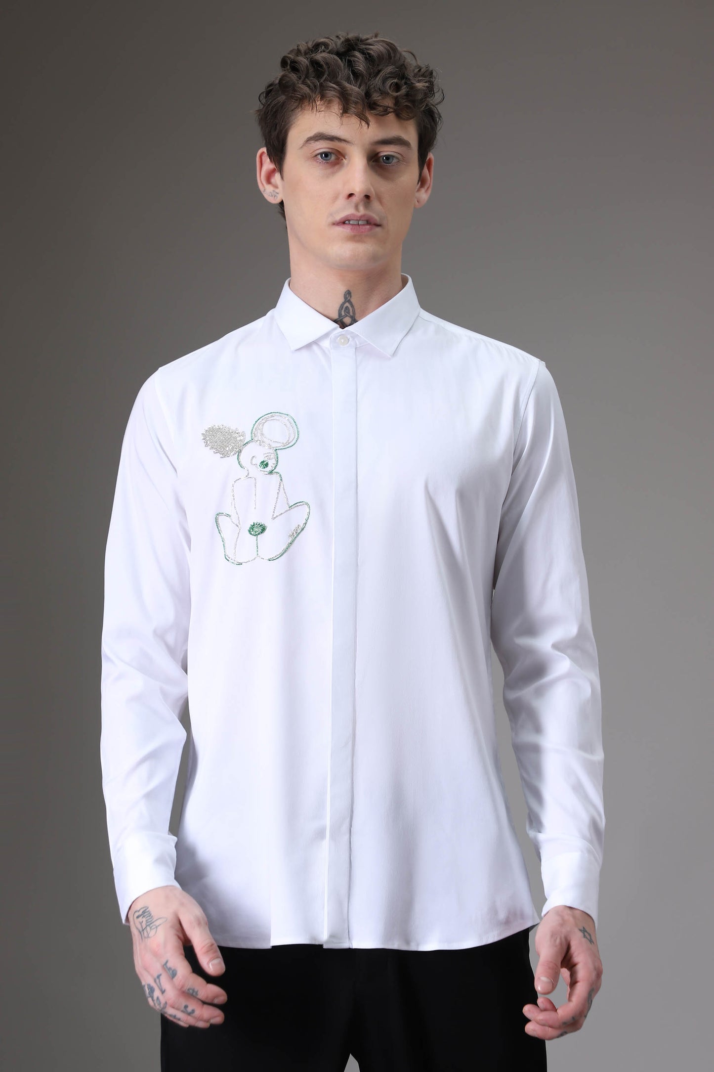 Yogi White hand embroidered designer shirt - White