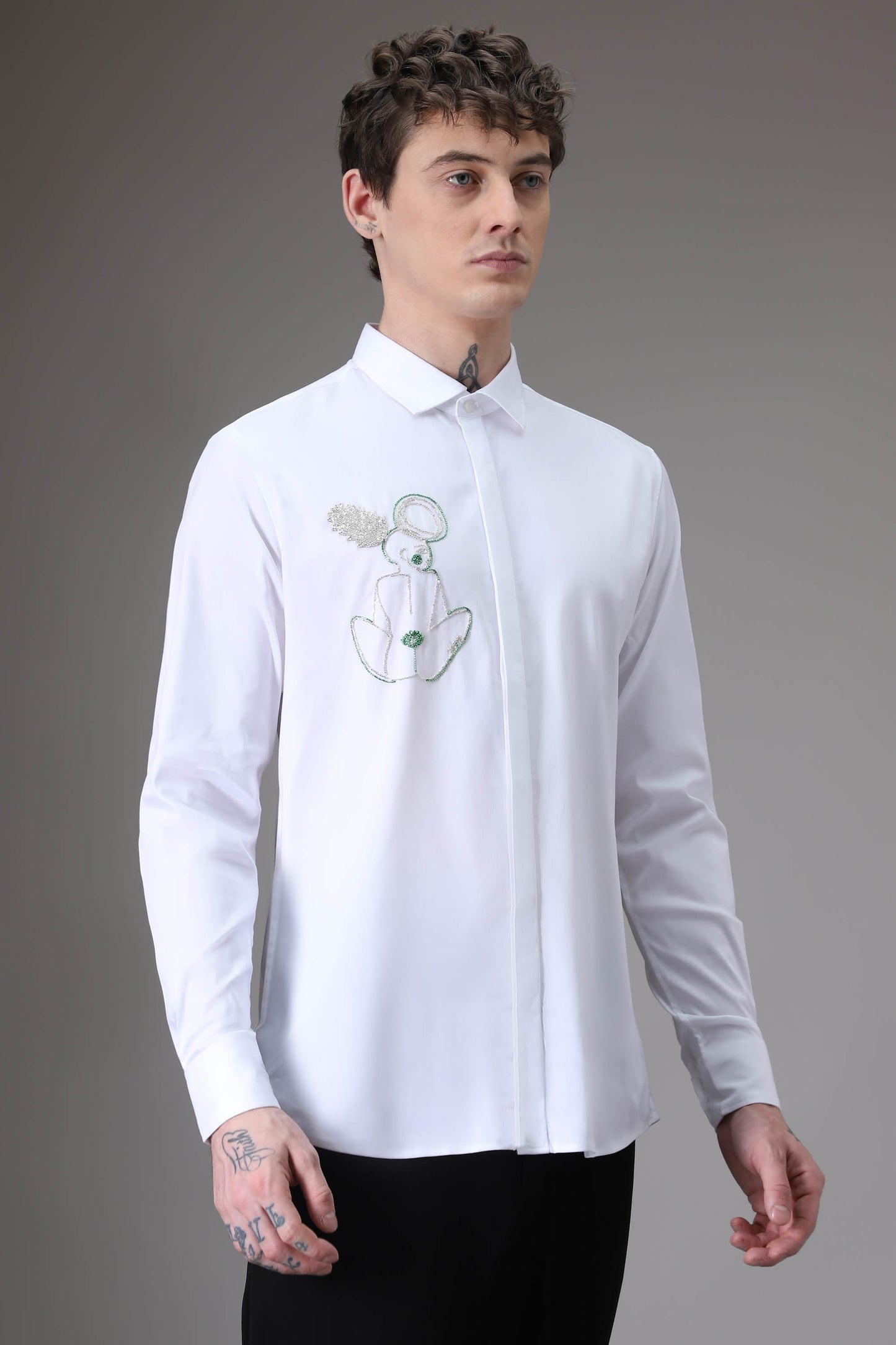 Yogi White hand embroidered designer shirt - White