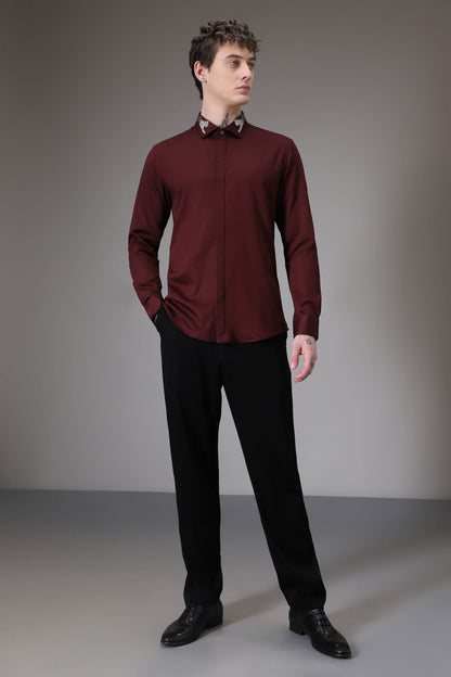 Panther Pounce hand embroidered designer shirt - Burgundy