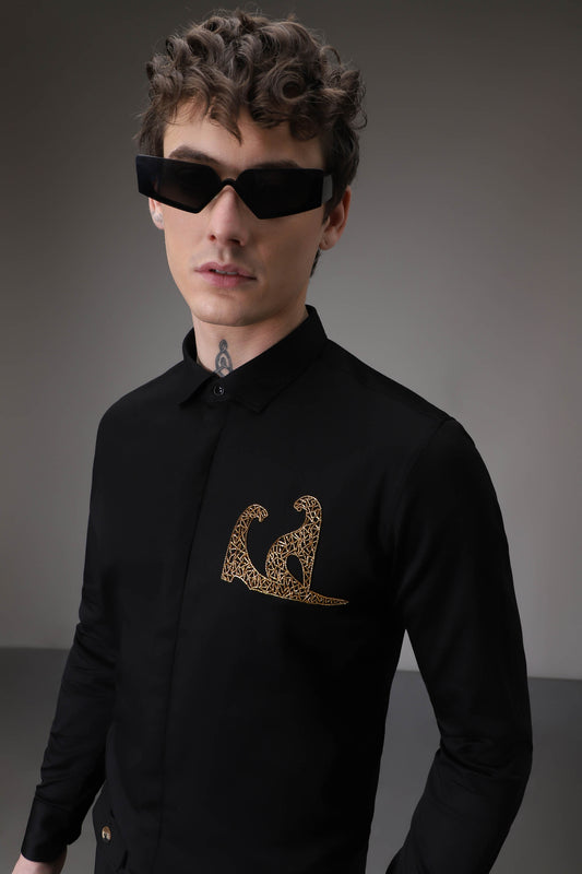 Abstract Panther Side Black hand embroidered designer shirt - Black