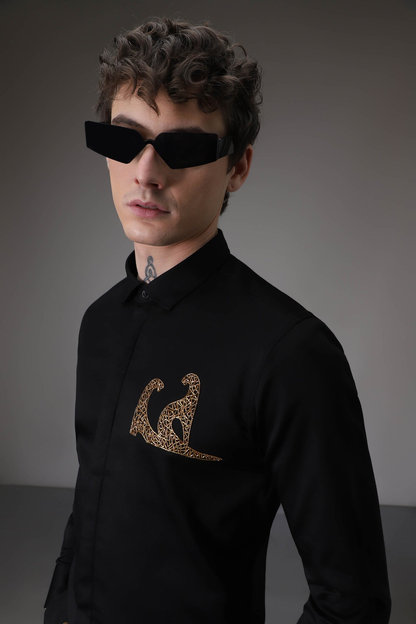 Abstract Panther Side Black hand embroidered designer shirt - Black