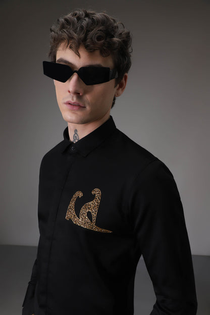 Abstract Panther Side Black hand embroidered designer shirt - Black