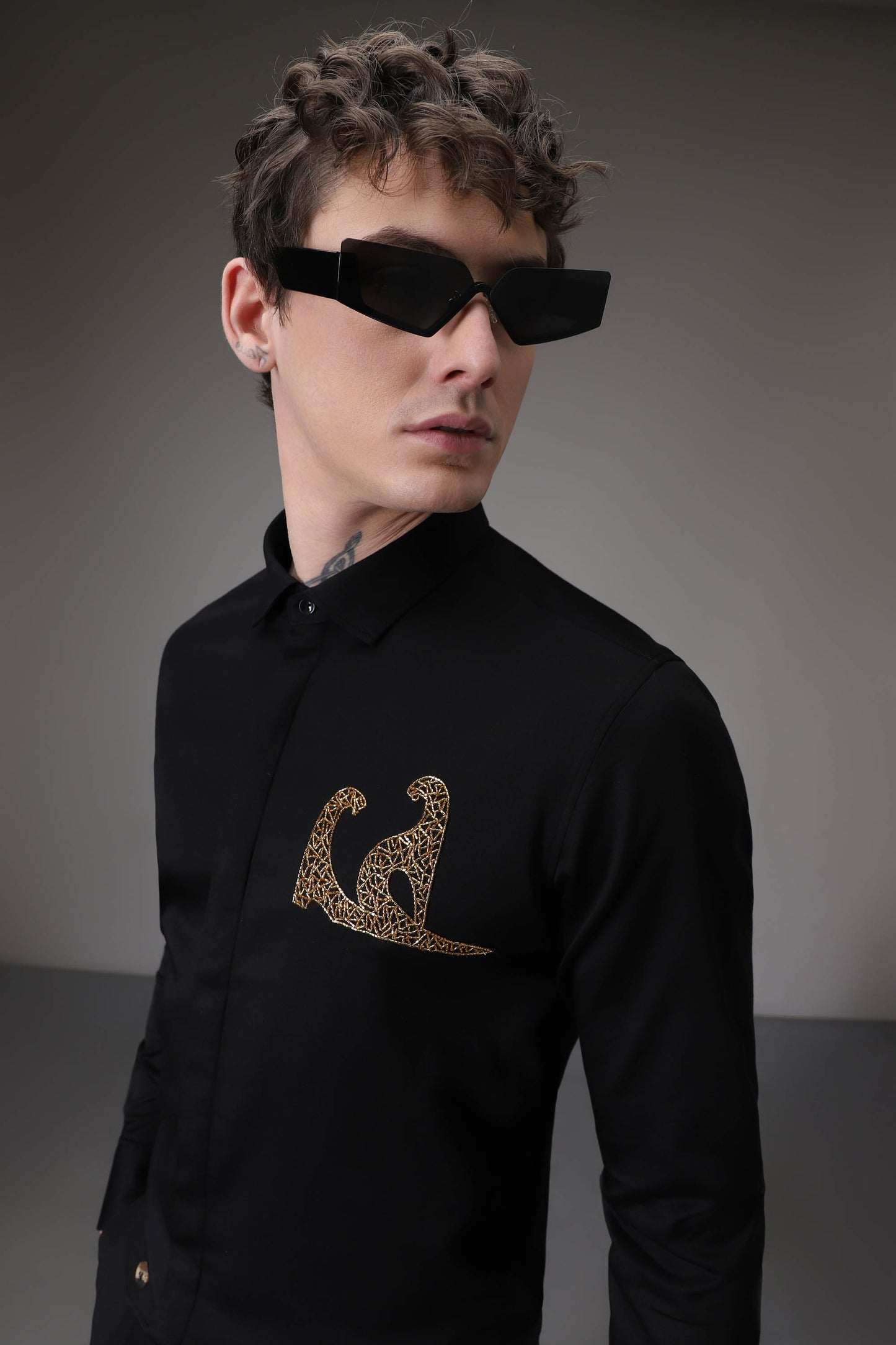 Abstract Panther Side Black hand embroidered designer shirt - Black