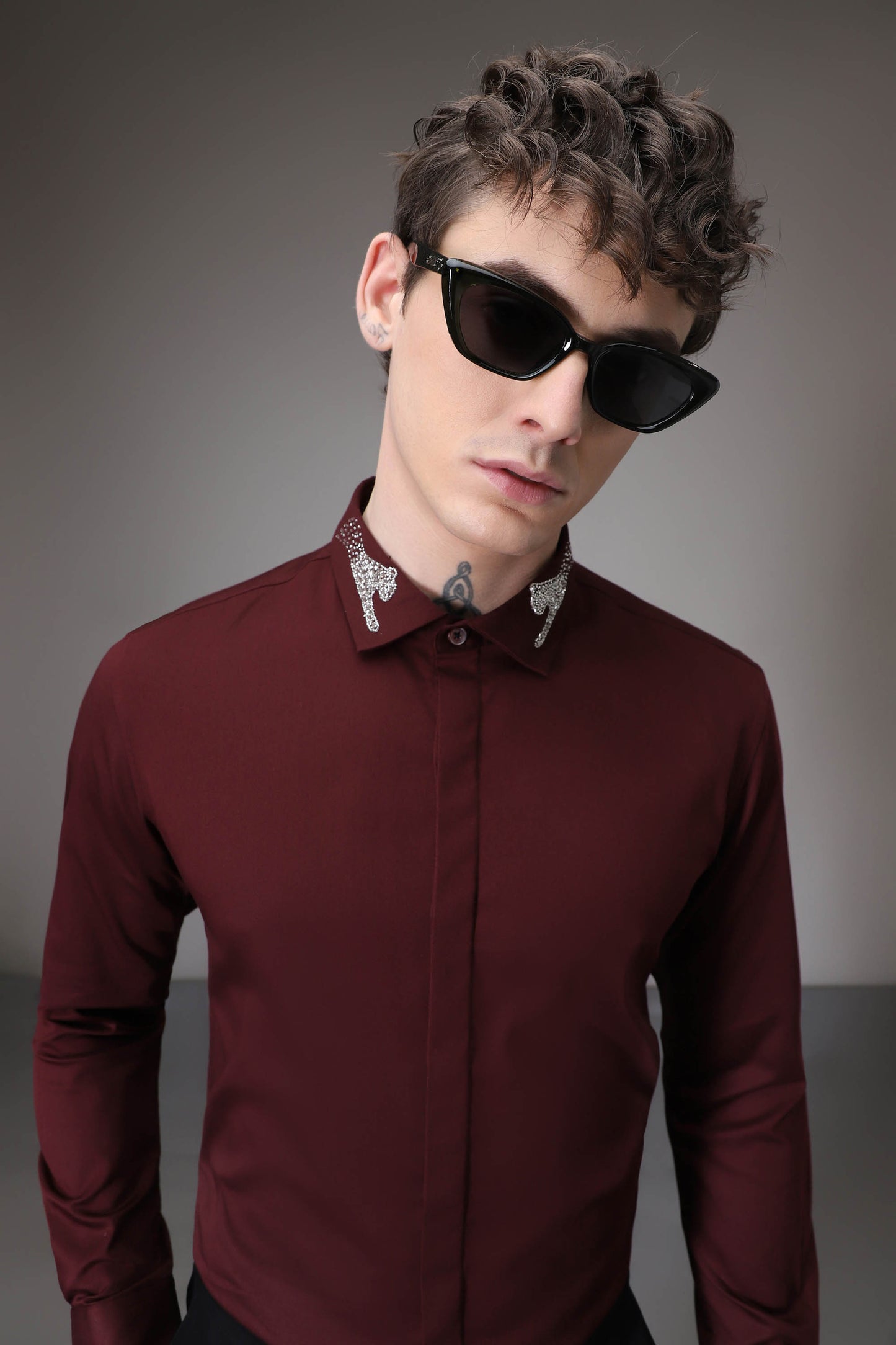 Panther Pounce hand embroidered designer shirt - Burgundy