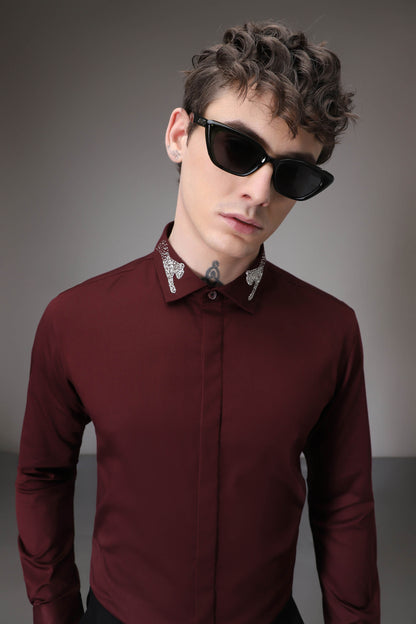 Panther Pounce hand embroidered designer shirt - Burgundy