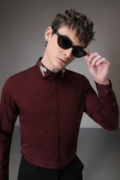 Panther Pounce hand embroidered designer shirt - Burgundy