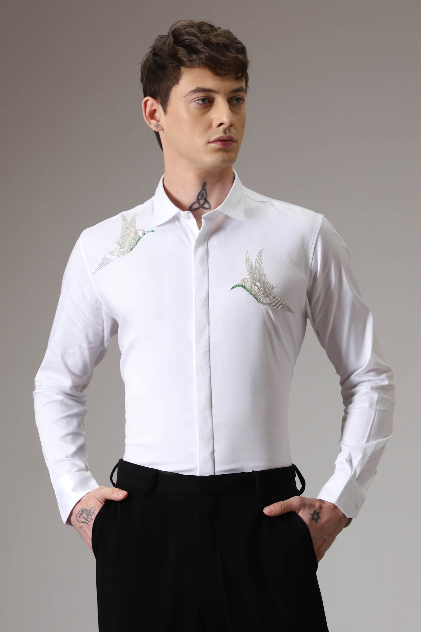 Birds hand embroidered designer shirt - White