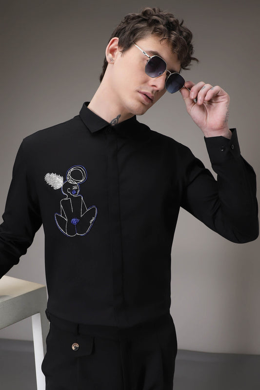 Yogi Black hand embroidered designer shirt - Black