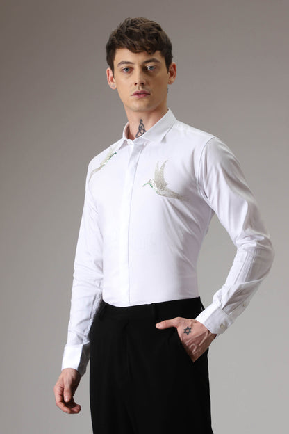 Birds hand embroidered designer shirt - White