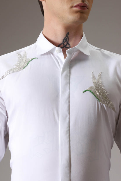 Birds hand embroidered designer shirt - White