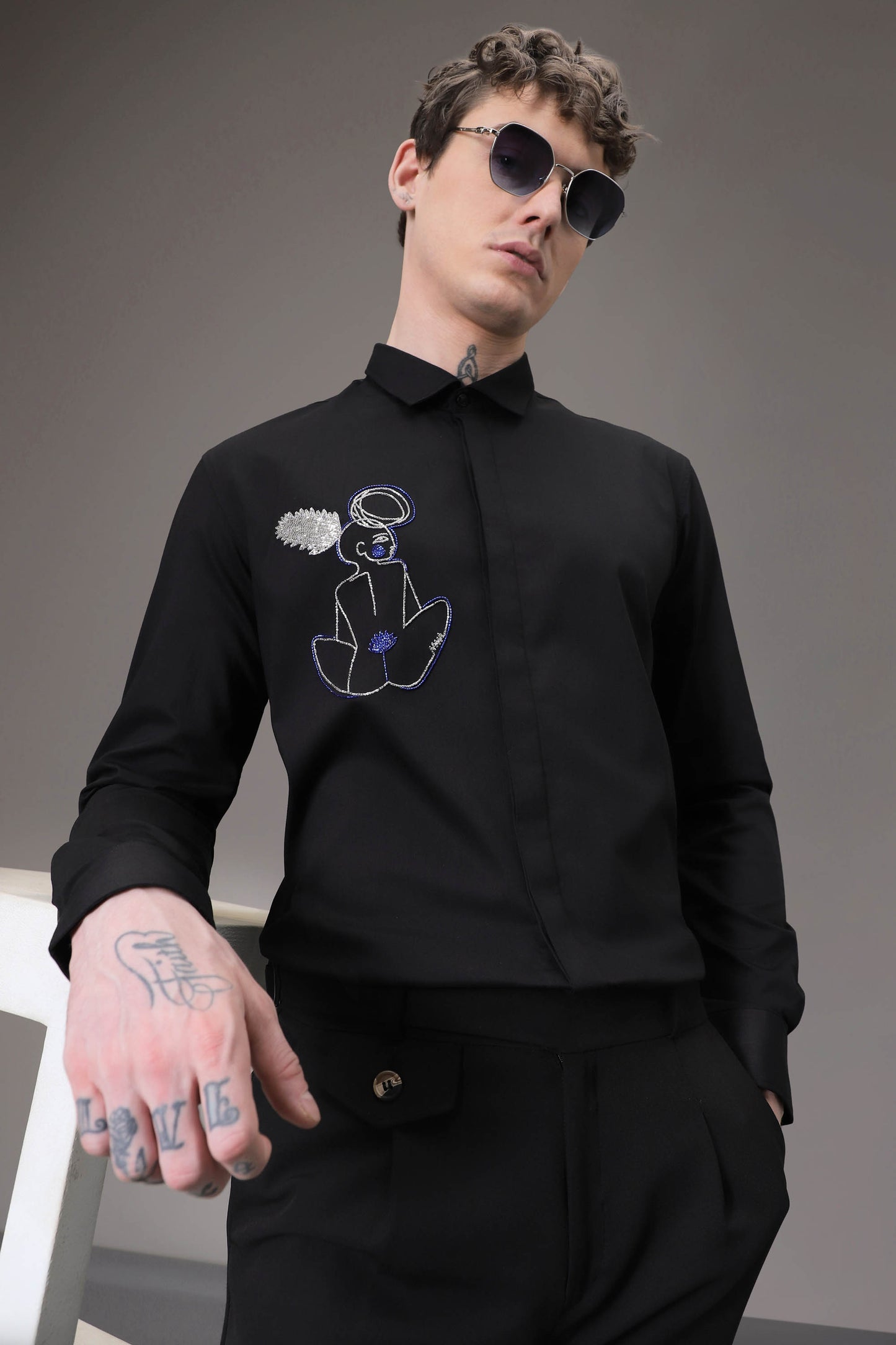 Yogi Black hand embroidered designer shirt - Black