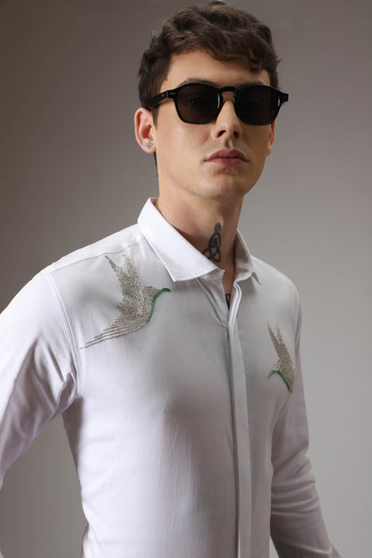 Birds hand embroidered designer shirt - White