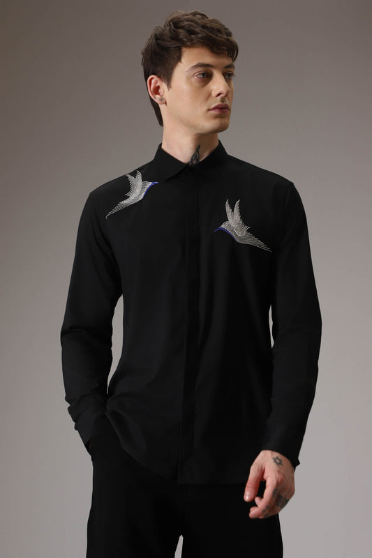 Birds hand embroidered designer shirt - Black