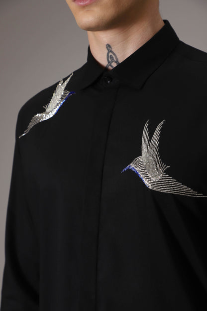 Birds hand embroidered designer shirt - Black