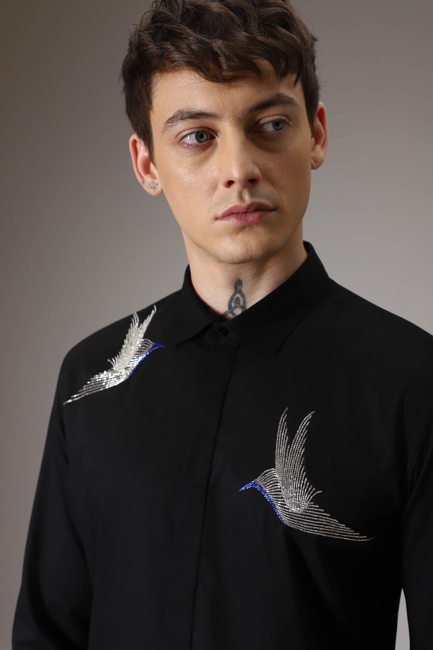 Birds hand embroidered designer shirt - Black