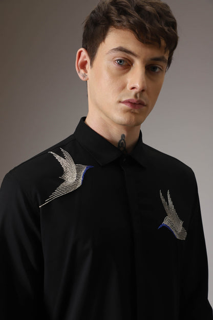 Birds hand embroidered designer shirt - Black