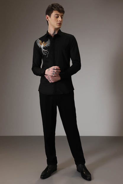 The phoenix hand embroidered designer shirt - black