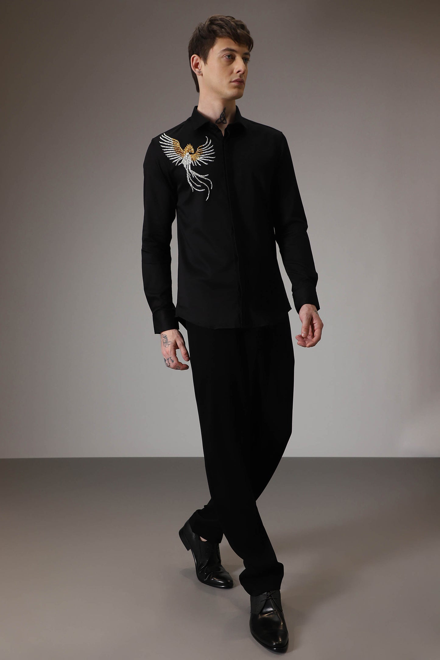 The phoenix hand embroidered designer shirt - black