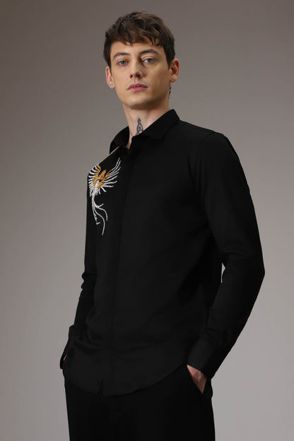 The phoenix hand embroidered designer shirt - black