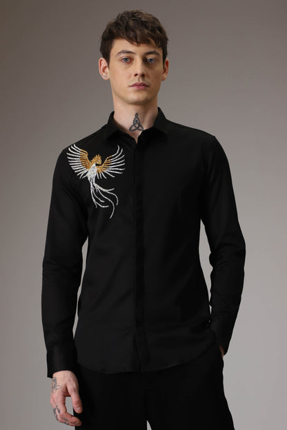 The phoenix hand embroidered designer shirt - black