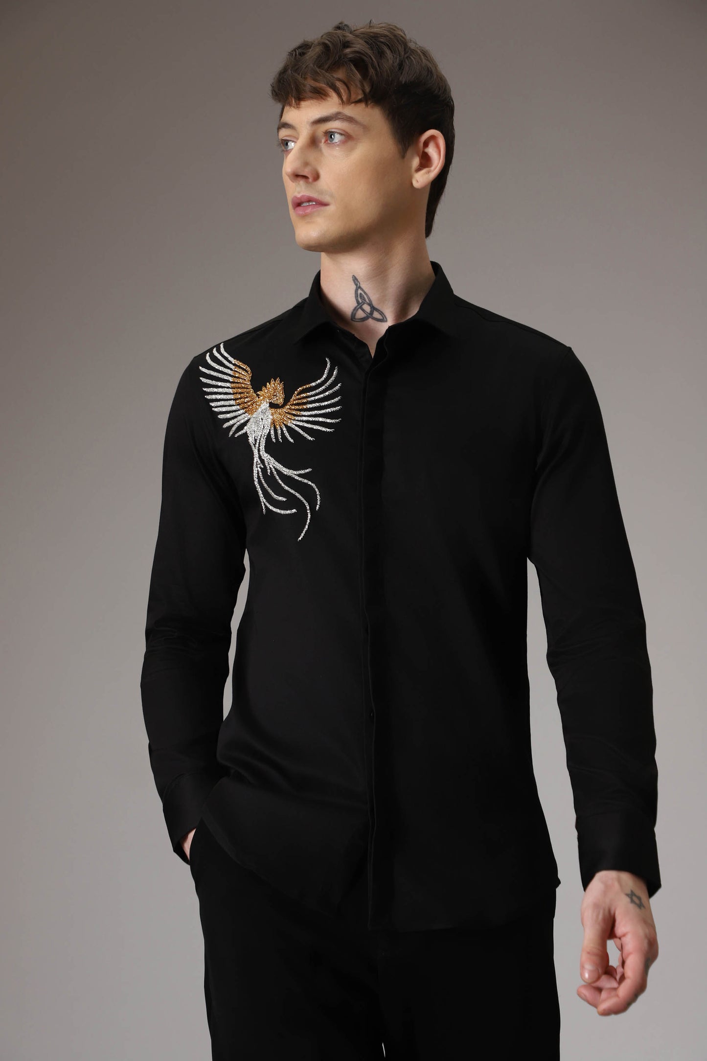 The phoenix hand embroidered designer shirt - black