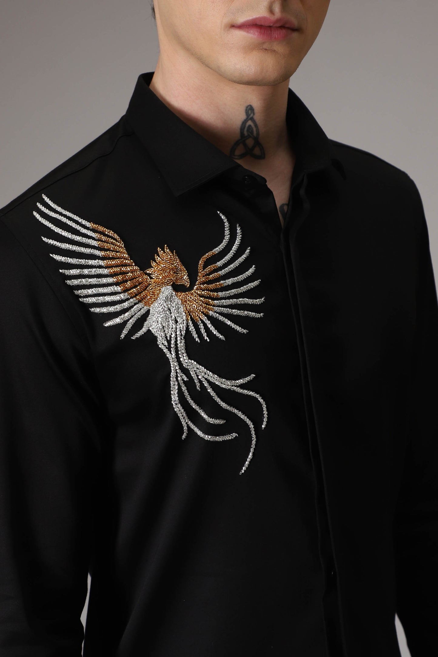 The phoenix hand embroidered designer shirt - black