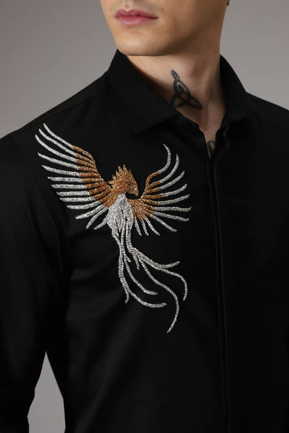 The phoenix hand embroidered designer shirt - black