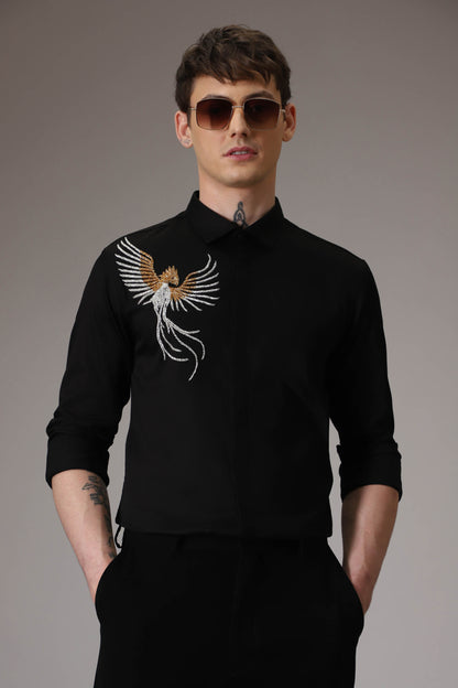 The phoenix hand embroidered designer shirt - black