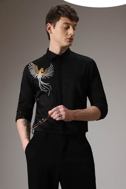 The phoenix hand embroidered designer shirt - black