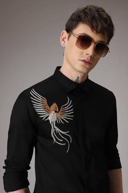 The phoenix hand embroidered designer shirt - black