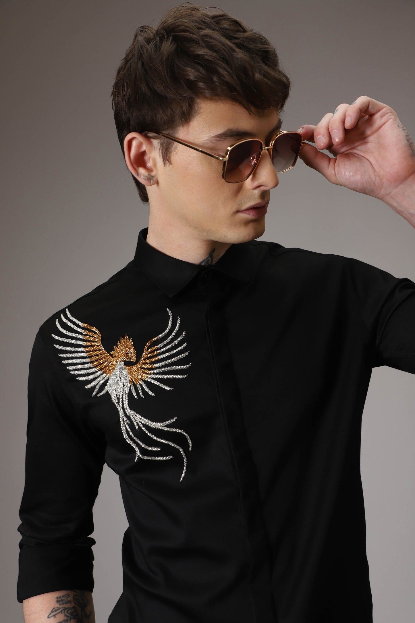 The phoenix hand embroidered designer shirt - black