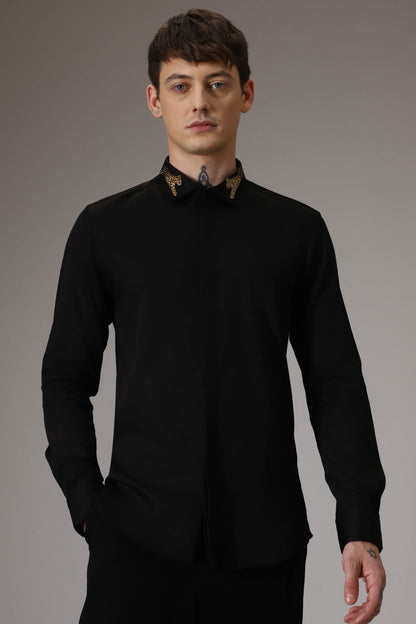 Panther pounce hand embroidered designer shirt - Black