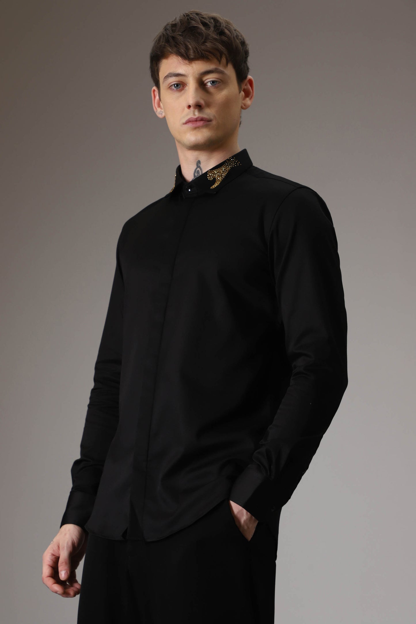 Panther pounce hand embroidered designer shirt - Black