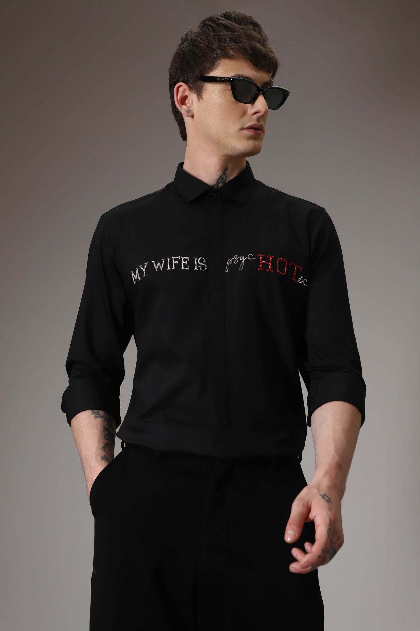 My Wife is Psychotic hand embroidered designer shirt - Black