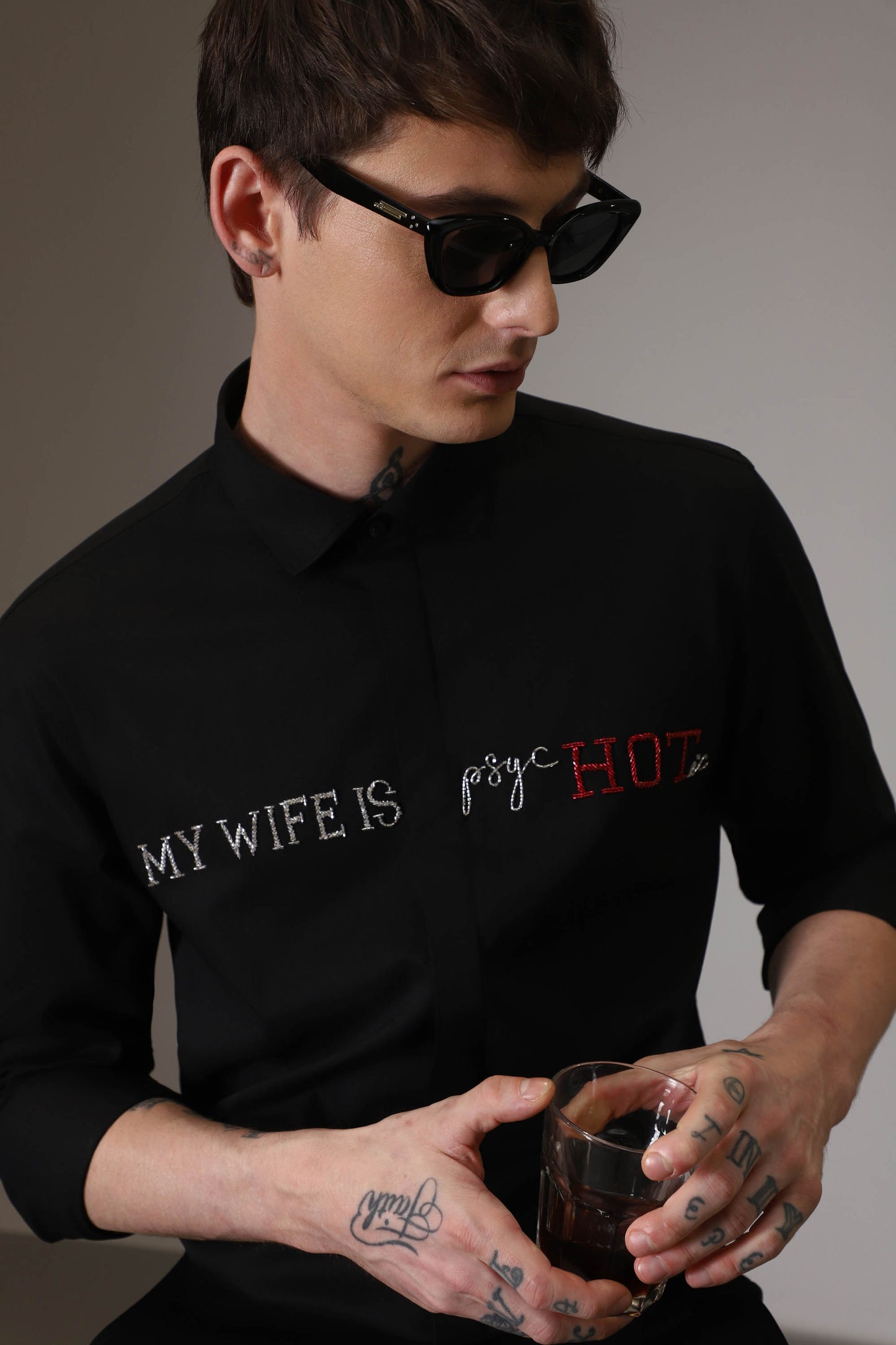 My Wife is Psychotic hand embroidered designer shirt - Black