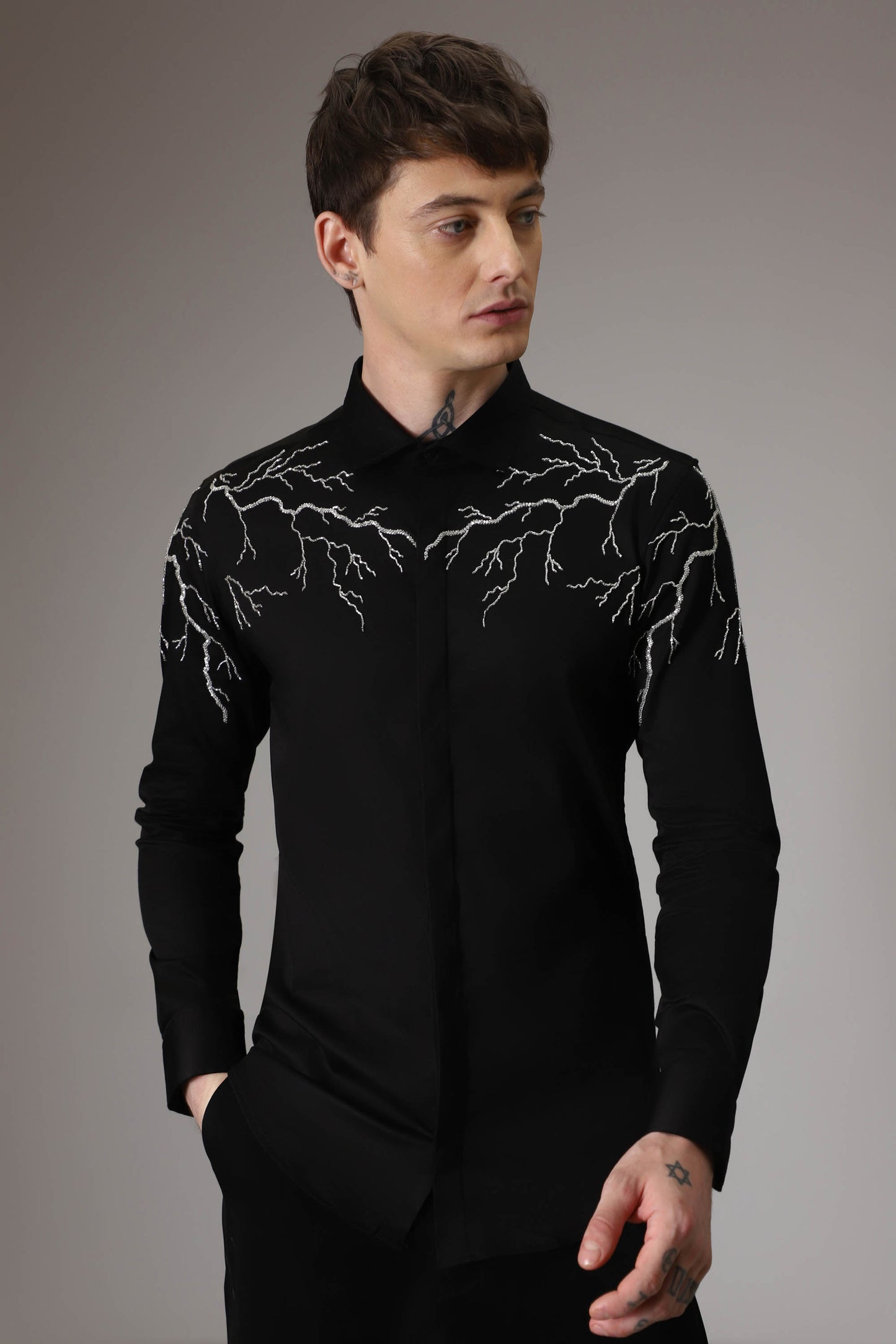 Lightening  hand embroidered designer shirt - Black