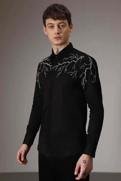 Lightening  hand embroidered designer shirt - Black